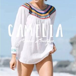 Camelia Mexican Hippie Huipil blouse boho shirt embroidery Sz M/L handmade